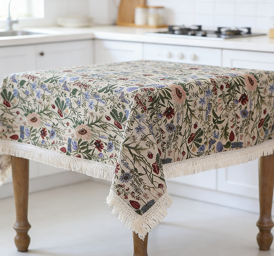 Red Floral French Vintage Rectangular Tablecloth, 60x104 Inch - Cotton Fabric with Lace Trim