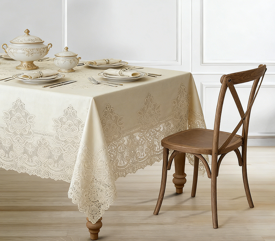 Ivory Scalloped Lace Rectangular Tablecloth, 60x84 Inch - Polyester Fabric Cover