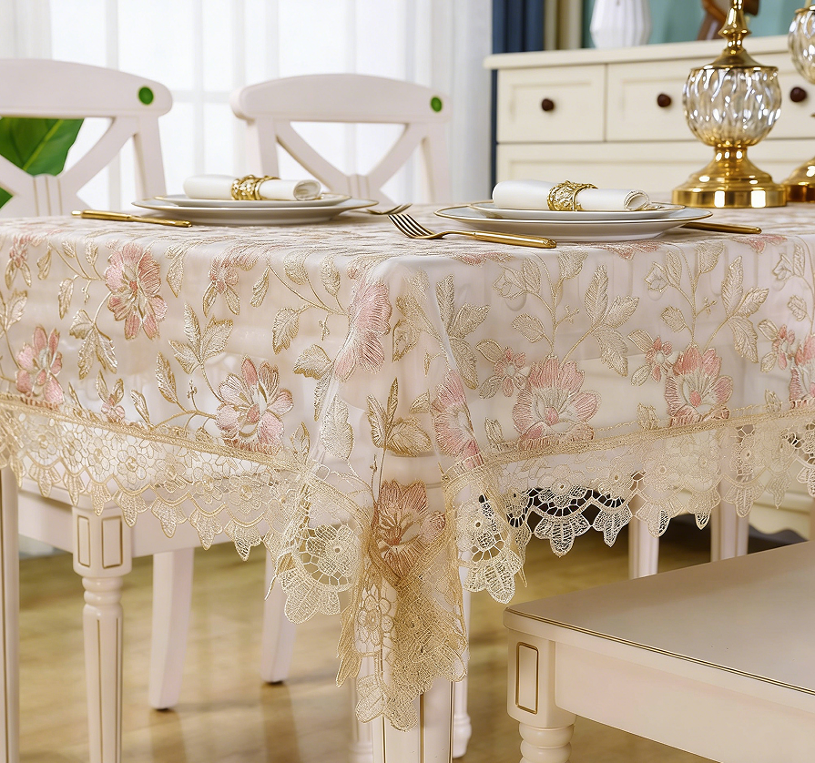 Pink-Gold Floral Embroidered Lace Rectangular Tablecloth, 60x84 Inch