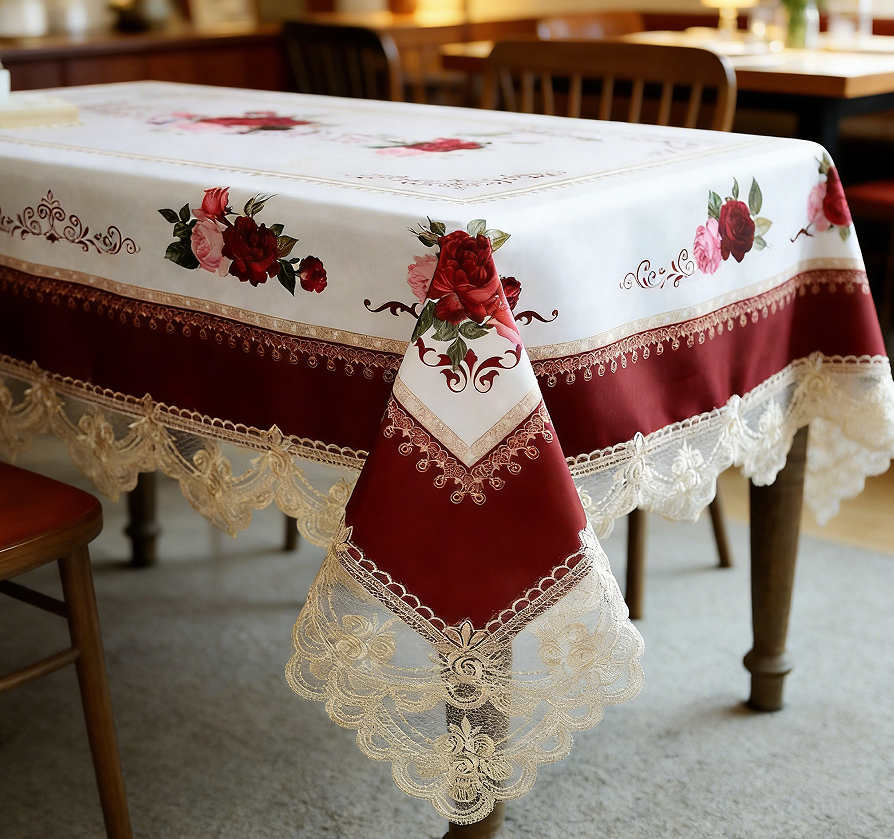 Burgundy Antique Floral Macrame Lace Rectangular Tablecloth, 60x120 Inch - Embroidered Cover