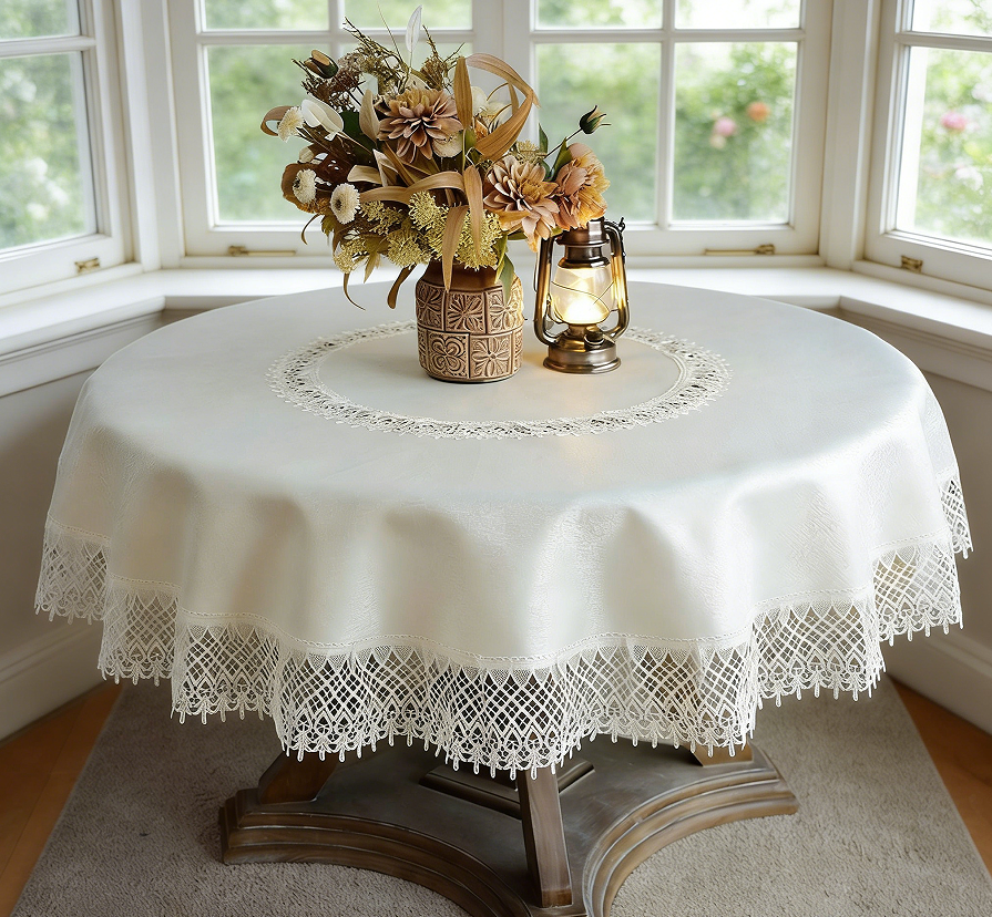 Ivory Macrame Embroidered Lace Round Tablecloth, 70 Inch - Rustic Farmhouse Cover
