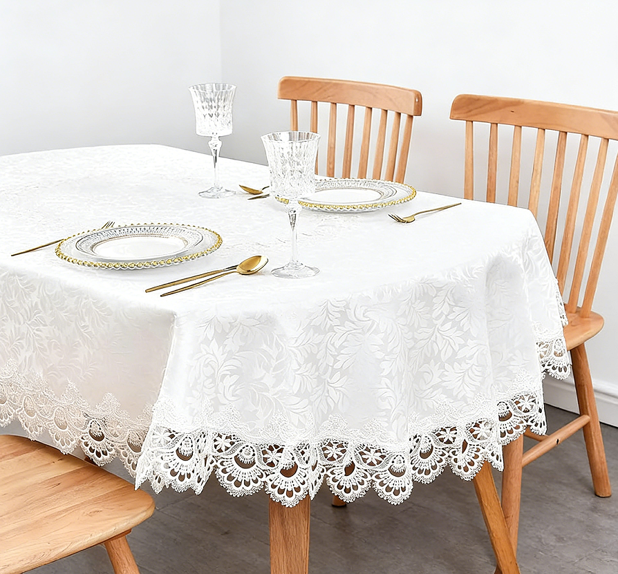 White Lace Jacquard Oval Tablecloth, 60x84 Inch - Tabletop Decoration Cover