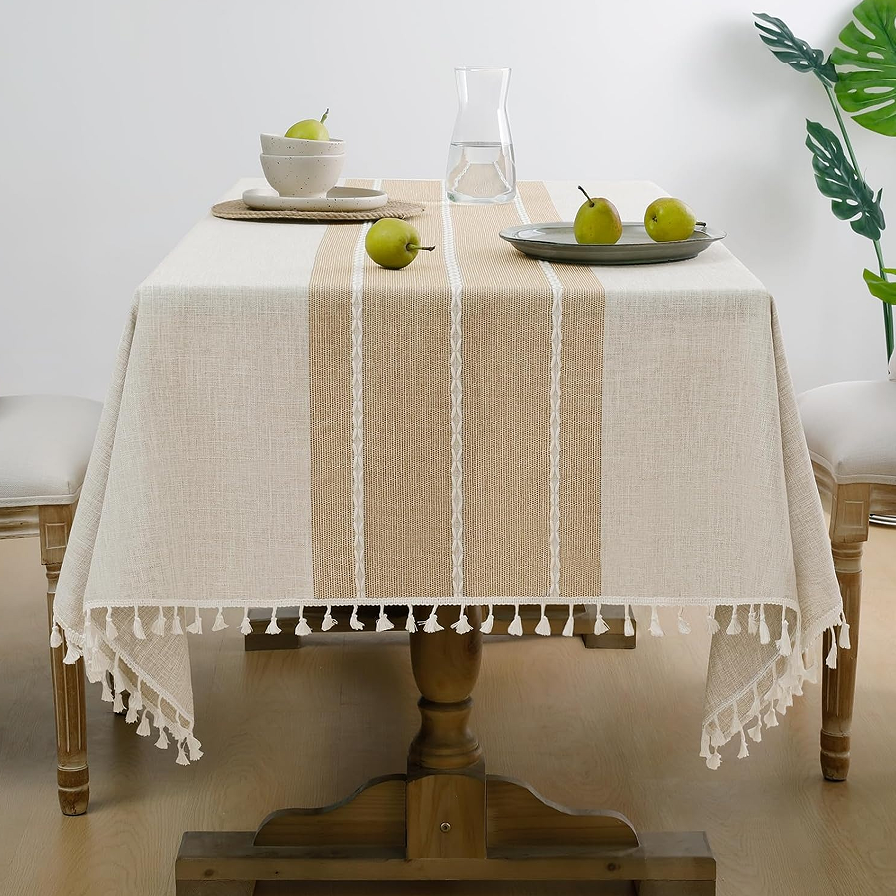 Coffee Lines Rectangular Tablecloth with Tassel, 55x70 Inch - Heavyweight Linen-Cotton Blend Cover