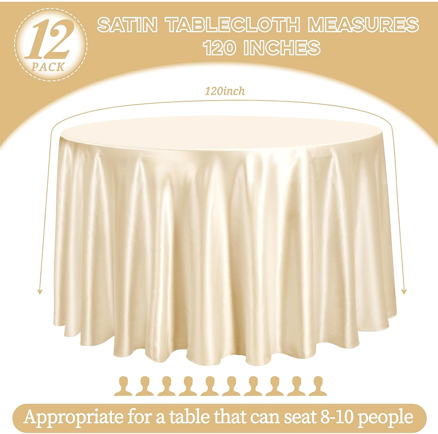 12-Pack Champagne Satin Round Tablecloth, 120 Inch - Smooth Fabric Overlay Cover - Image 2