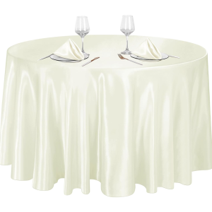 Ivory Satin Round Tablecloth, 120 Inch - Smooth Fabric Overlay Cover