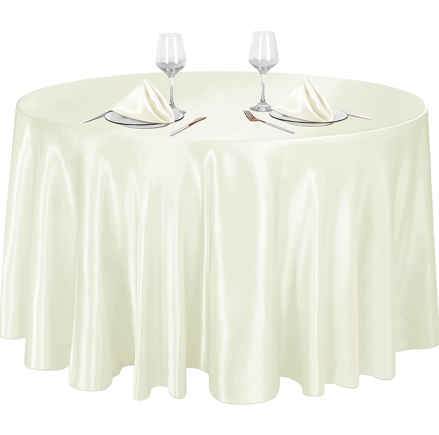 Ivory Satin Round Tablecloth, 120 Inch - Smooth Fabric Overlay Cover